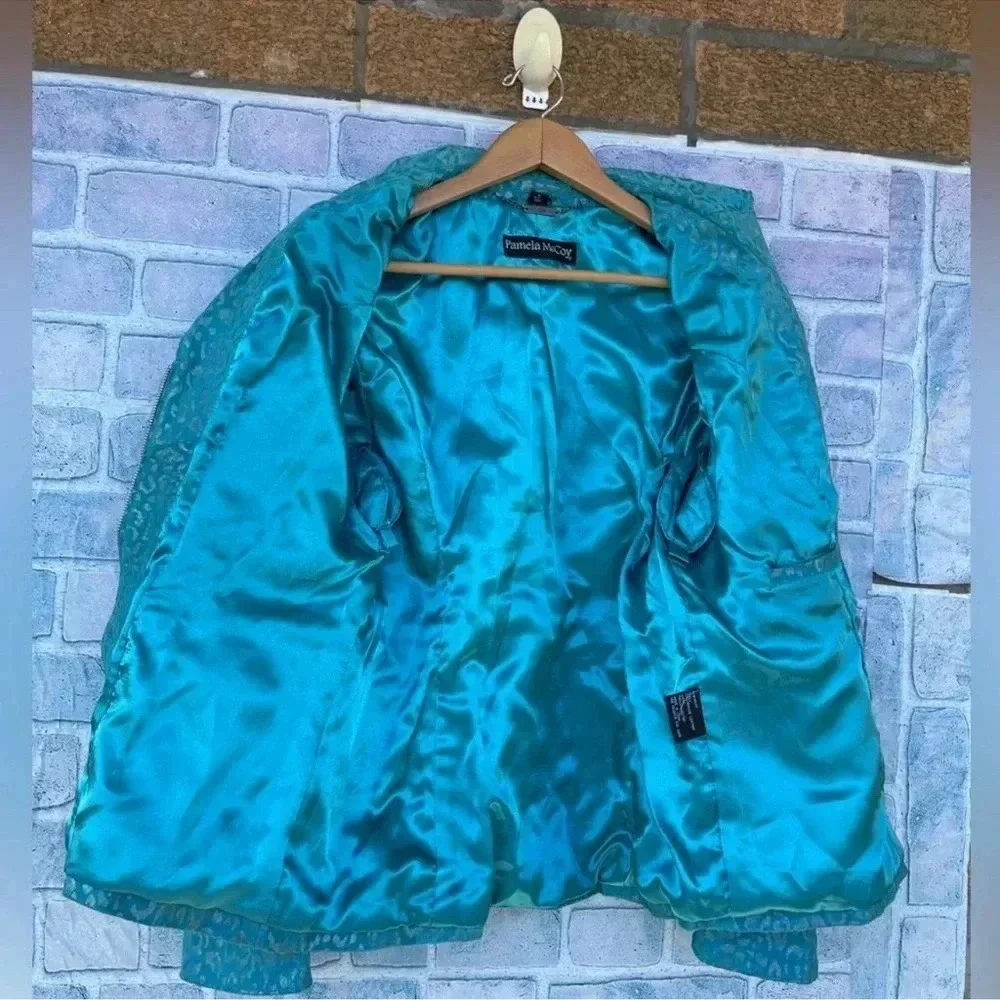 Pamela McCoy Turquoise Cheetah Leopard Print 100% Leather Full Zip Jacket medium
